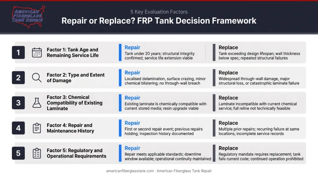 Five-factor FRP tank repair versus replacement decision framework evaluation infographic