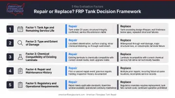 Five-factor FRP tank repair versus replacement decision framework evaluation infographic