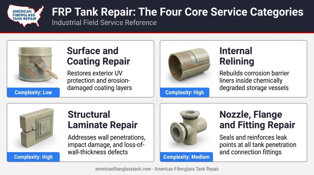 Four types of FRP fiberglass tank repair categories overview infographic