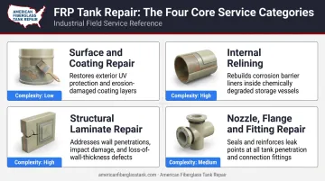 Four types of FRP fiberglass tank repair categories overview infographic