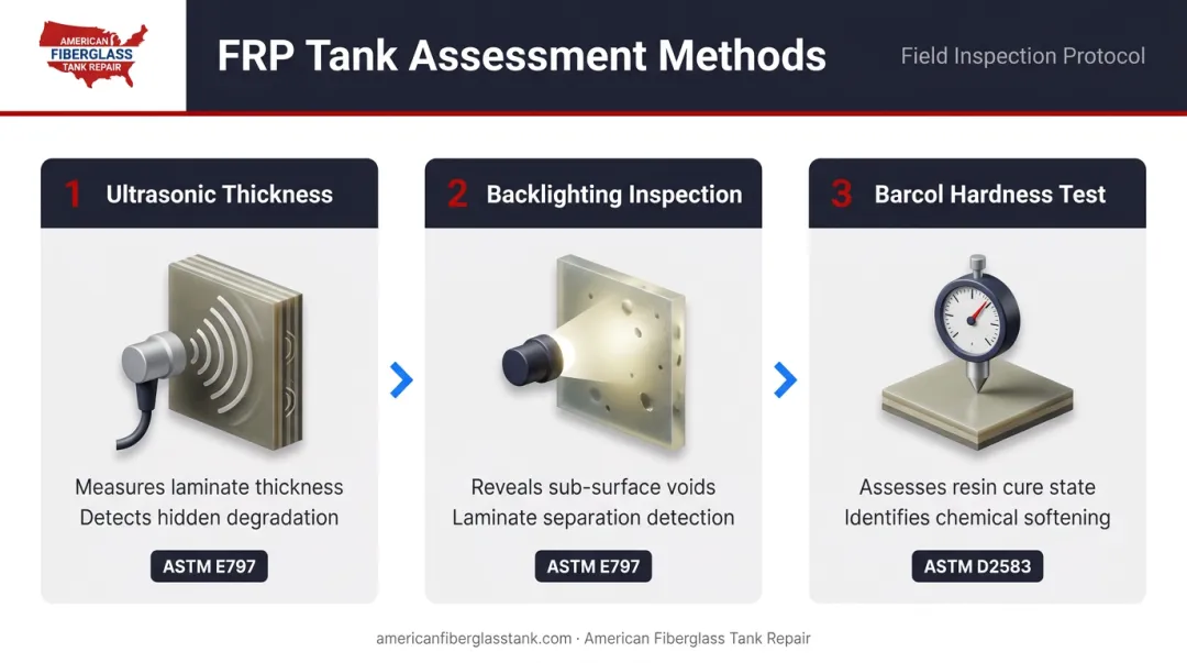 Three non-destructive FRP tank inspection methods assessment process flow diagram
