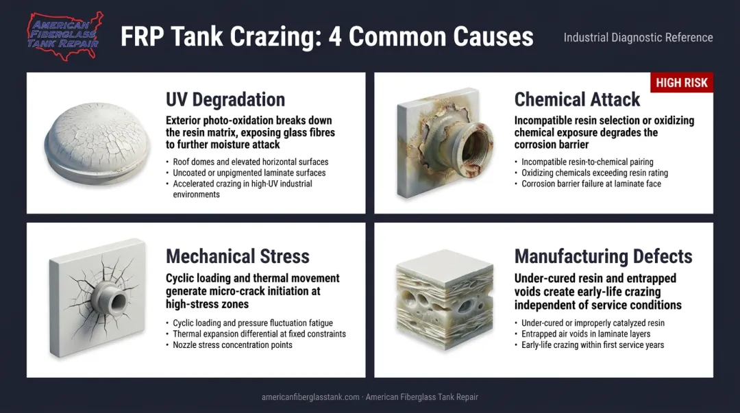 Four primary causes of FRP fiberglass tank crazing illustrated comparison infographic