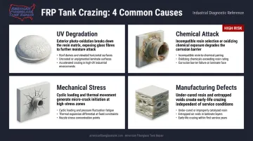 Four primary causes of FRP fiberglass tank crazing illustrated comparison infographic
