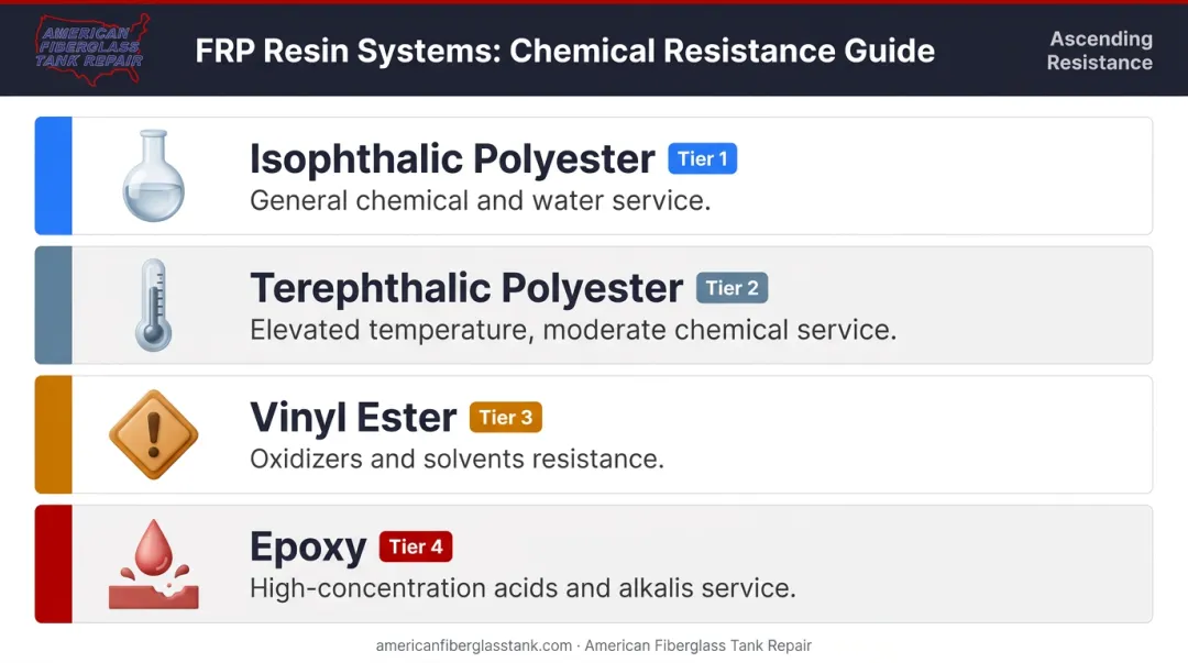 Four FRP resin system types ranked by chemical resistance and service application
