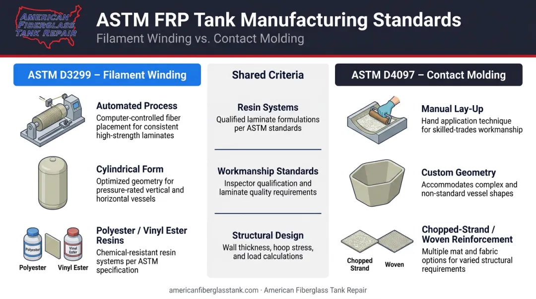 ASTM D3299 versus D4097 FRP tank manufacturing methods comparison infographic
