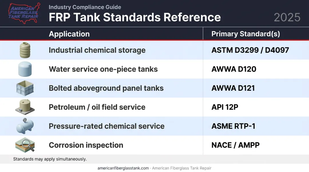 FRP tank standards selection guide by application type quick reference chart
