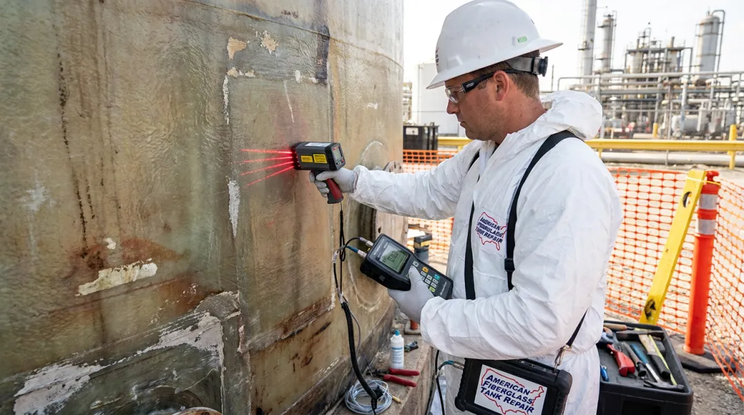 Certified FRP tank inspector performing ultrasonic testing on fiberglass vessel interior