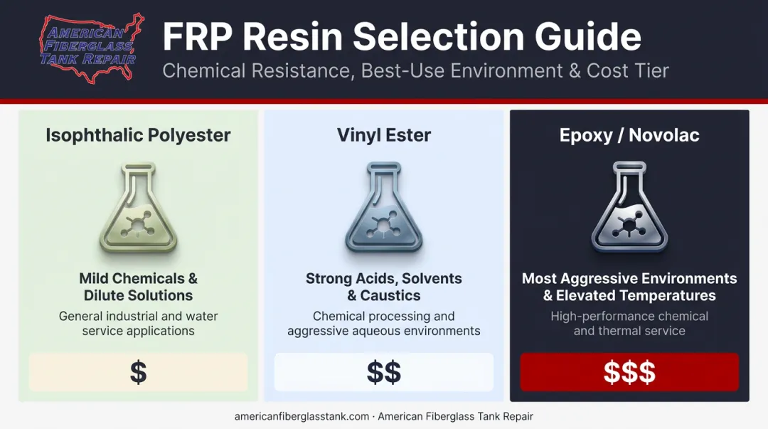 FRP resin system comparison chart polyester vinyl ester epoxy cost and chemical compatibility