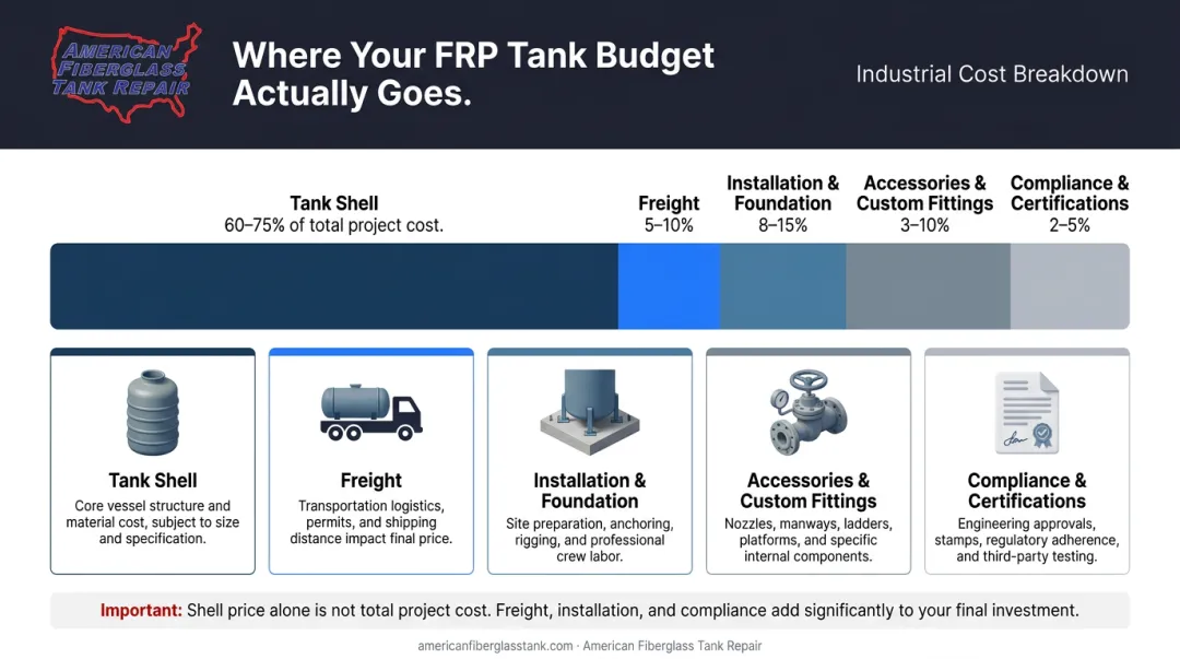 FRP tank total project cost breakdown shell freight installation accessories and compliance