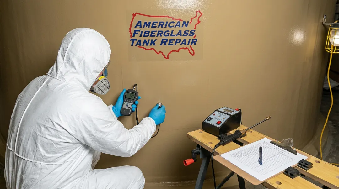 FRP tank repair validation inspection showing pinhole testing and completed resin topcoat surface