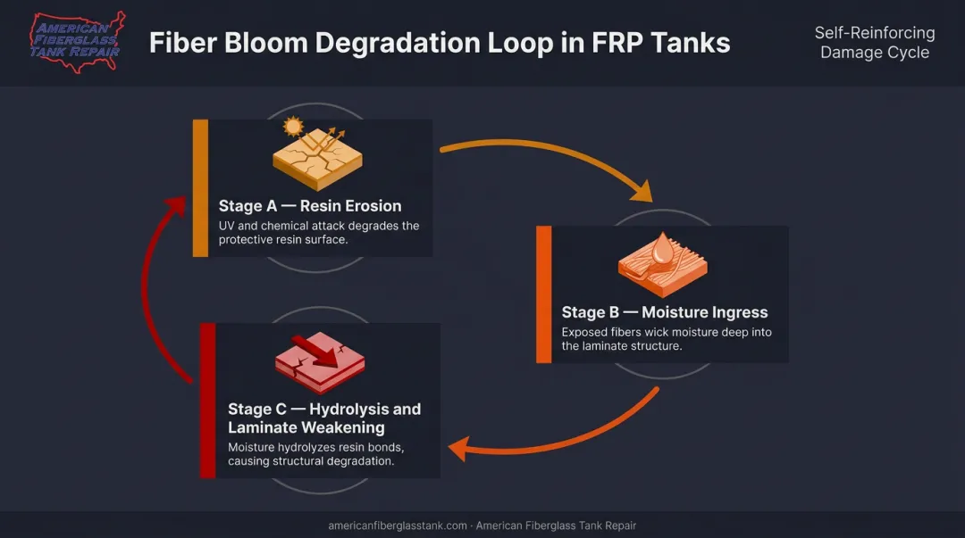 FRP fiber bloom degradation cycle three-stage progression from moisture ingress to laminate failure