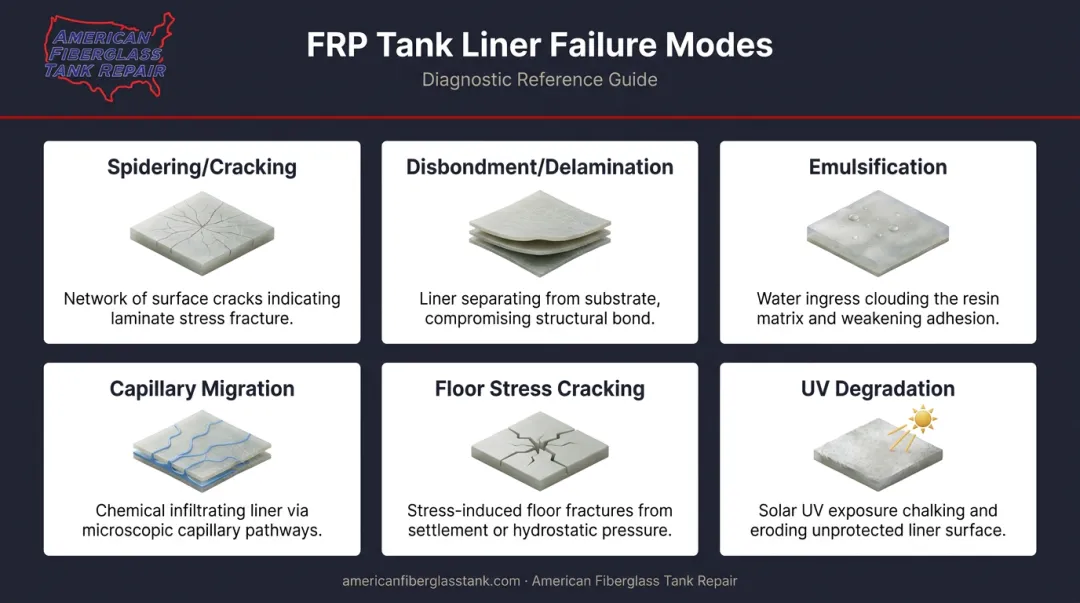 Six FRP tank liner failure modes identification and visual symptoms infographic