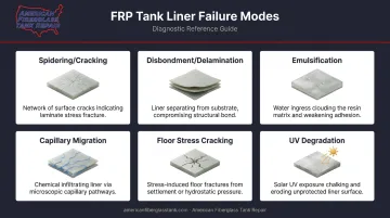 Six FRP tank liner failure modes identification and visual symptoms infographic