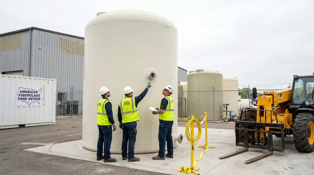 FRP fiberglass water storage tank installation on concrete foundation at industrial site