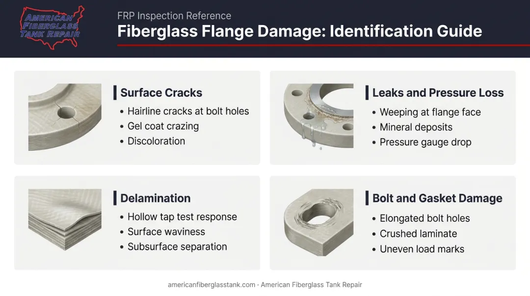 Four fiberglass flange damage types identification guide with visual indicators