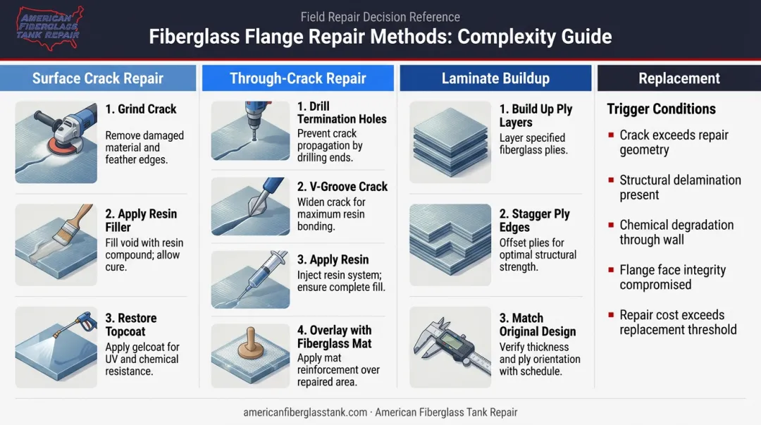 Fiberglass flange repair methods comparison by damage depth and type