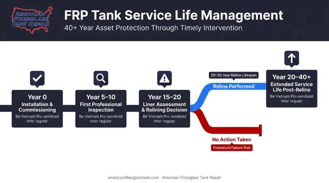 FRP tank lifespan extension timeline showing inspection relining and maintenance milestones
