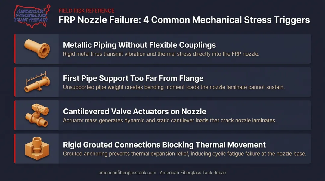Four mechanical pipe load failure triggers at FRP tank nozzle connections