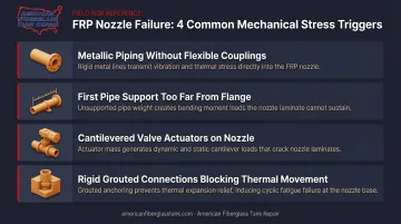 Four mechanical pipe load failure triggers at FRP tank nozzle connections