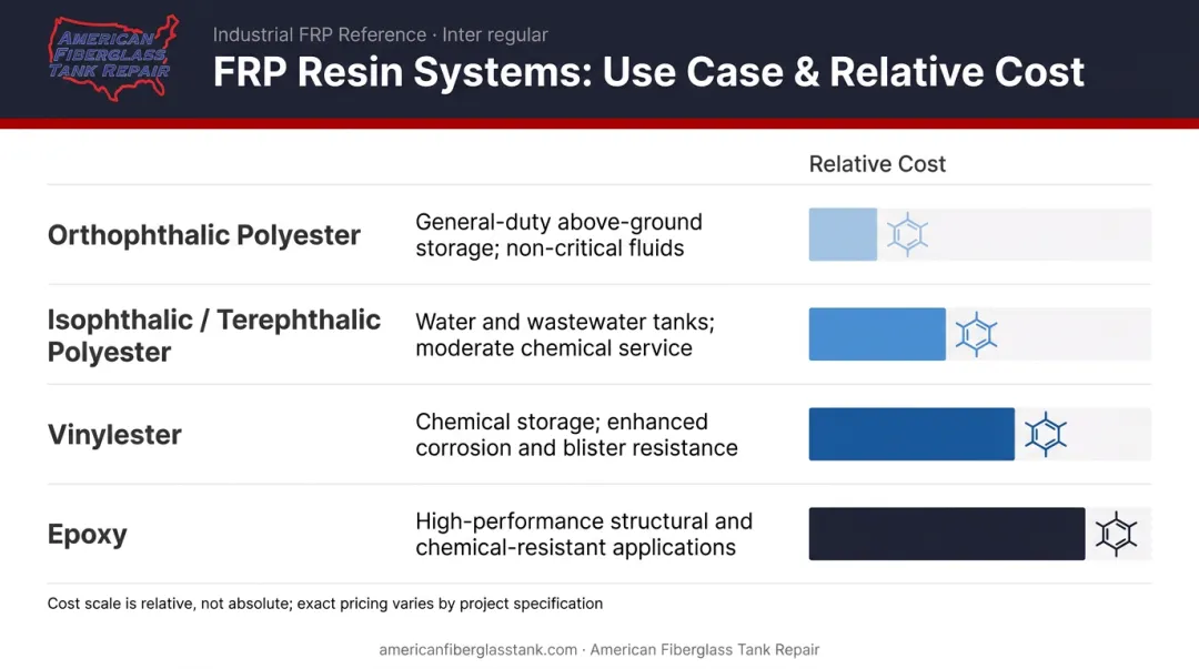 FRP resin type comparison chart showing use cases and relative cost tiers