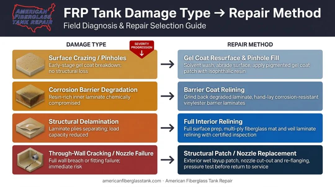 Four FRP tank damage types mapped to corresponding repair methods infographic
