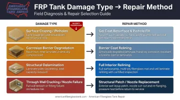 Four FRP tank damage types mapped to corresponding repair methods infographic