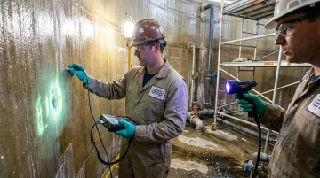AFTR field inspector performing ultrasonic and backlight testing on FRP clarifier tank lining
