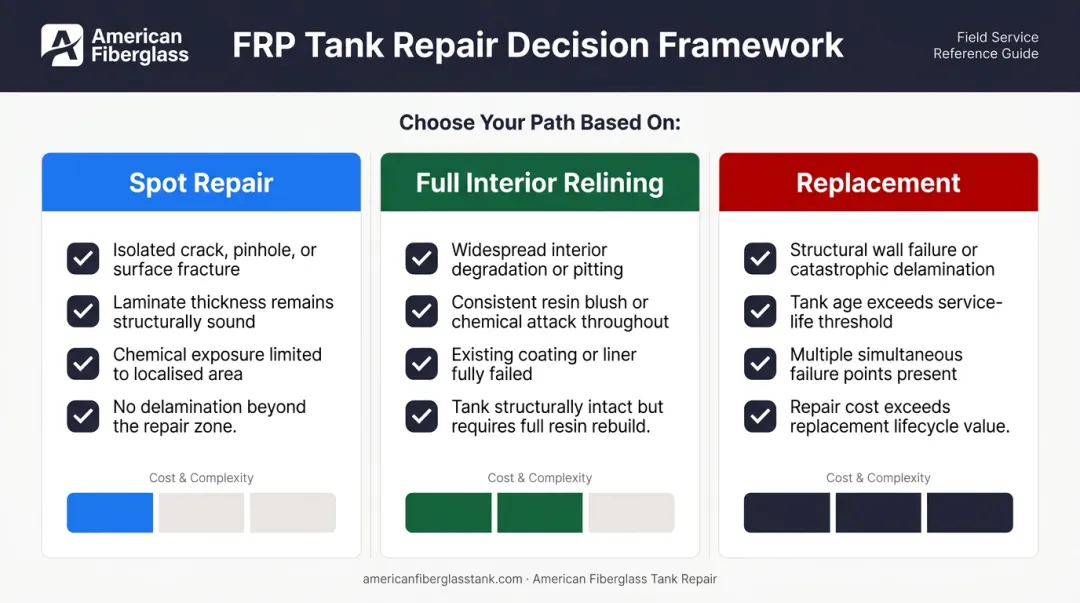Fiberglass tank repair versus reline versus replace decision framework flowchart