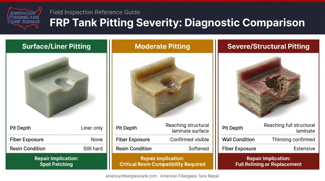 Three-tier fiberglass tank pitting severity classification chart with repair implications
