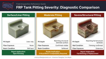 Three-tier fiberglass tank pitting severity classification chart with repair implications