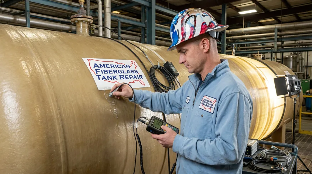 FTPI-certified inspector performing ultrasonic testing on FRP pressure vessel wall