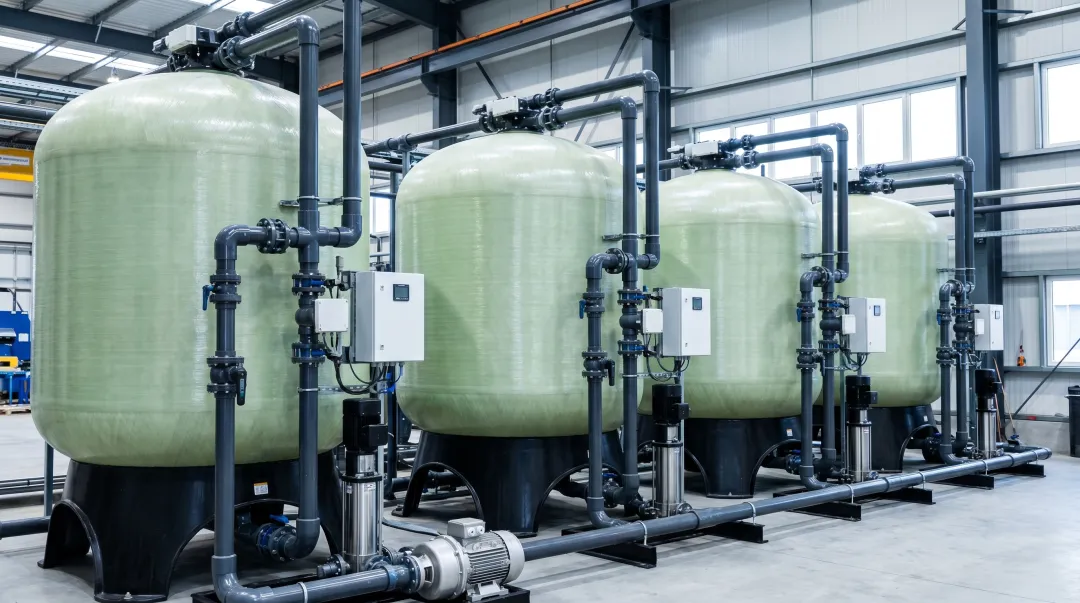 Industrial FRP pressure vessel installation in water treatment facility mid-range diameter
