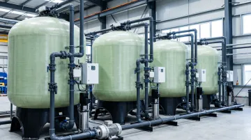 Industrial FRP pressure vessel installation in water treatment facility mid-range diameter