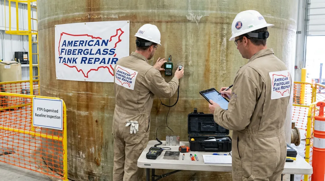 AFTR certified inspector performing ultrasonic NDT testing on FRP tank interior laminate