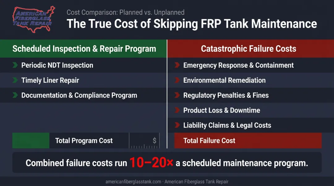 Cost comparison of proactive FRP tank inspection versus catastrophic failure total expenses