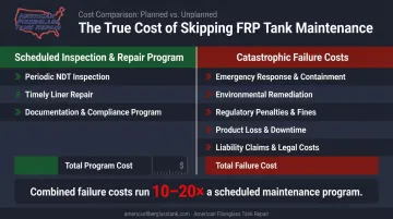 Cost comparison of proactive FRP tank inspection versus catastrophic failure total expenses