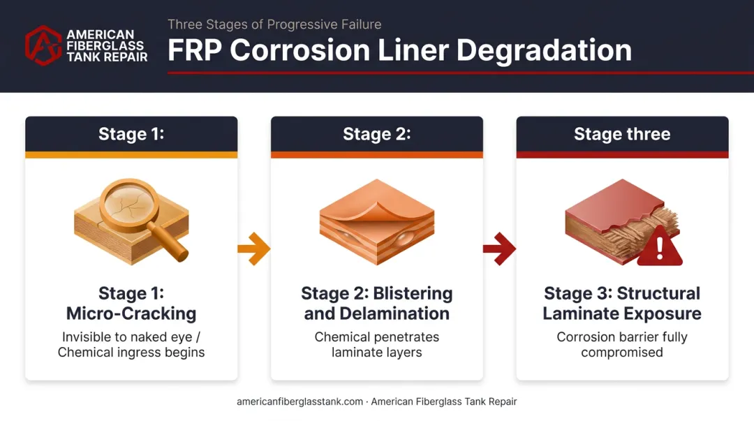 Three-stage FRP corrosion barrier breakdown progression from micro-cracking to structural exposure