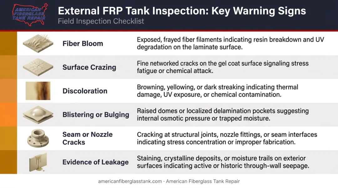 FRP tank external inspection checklist showing six key visual damage indicators