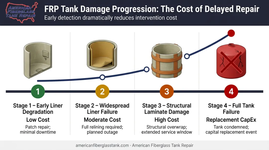 FRP tank damage escalation timeline from early warning signs to full replacement cost