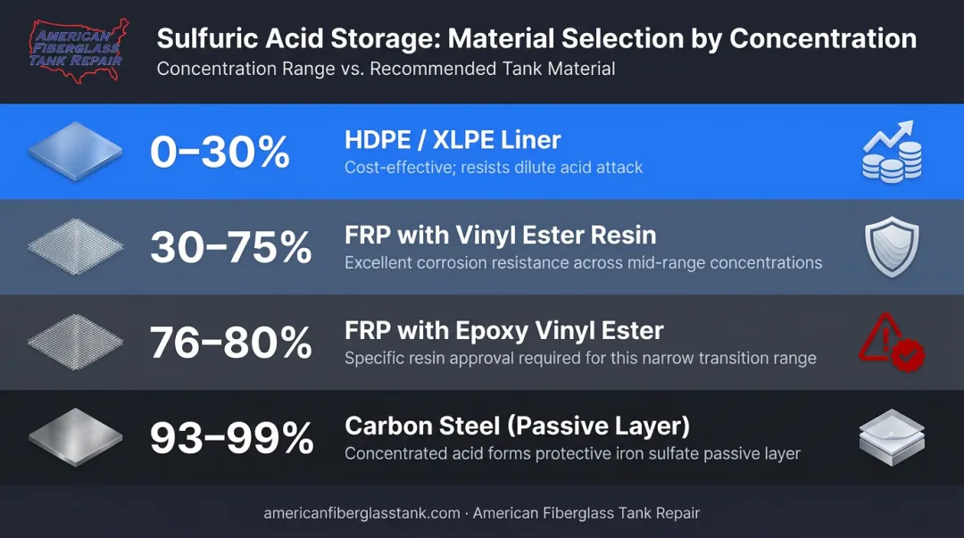 Sulfuric acid storage material selection guide by concentration range comparison