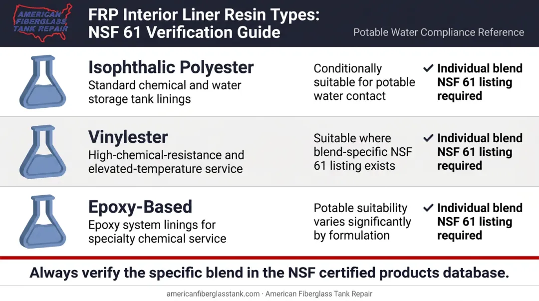 FRP resin types for potable water tanks isophthalic vinylester epoxy comparison chart