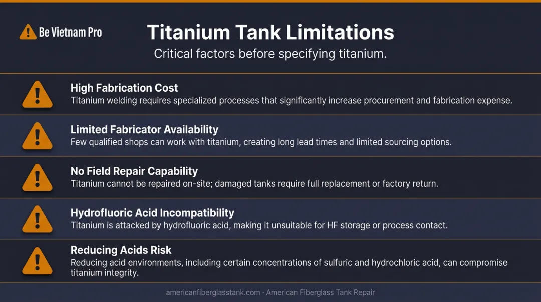 Titanium tank operational limitations and incompatible chemical environments warning infographic