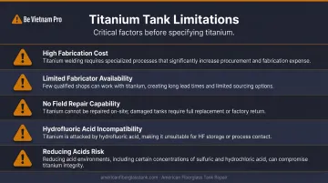 Titanium tank operational limitations and incompatible chemical environments warning infographic