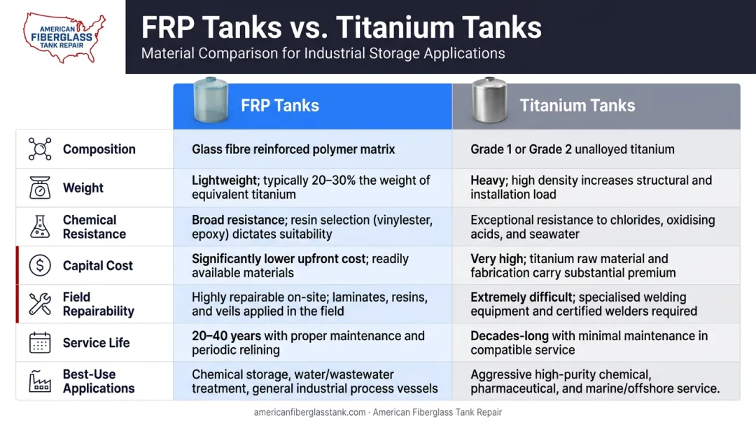 FRP versus titanium tank key decision factors side-by-side comparison infographic