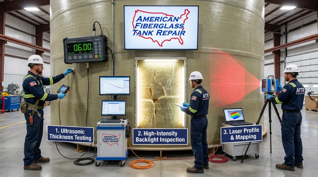 AFTR fiberglass tank inspection using ultrasonic testing high-intensity backlight and laser methods