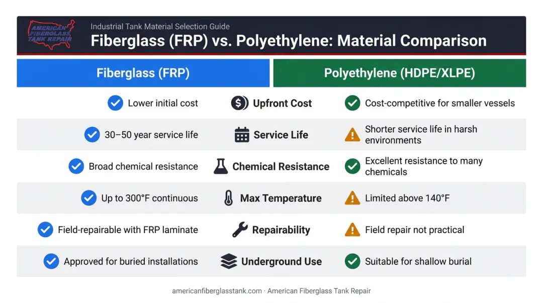 Fiberglass FRP versus polyethylene tank side-by-side comparison infographic