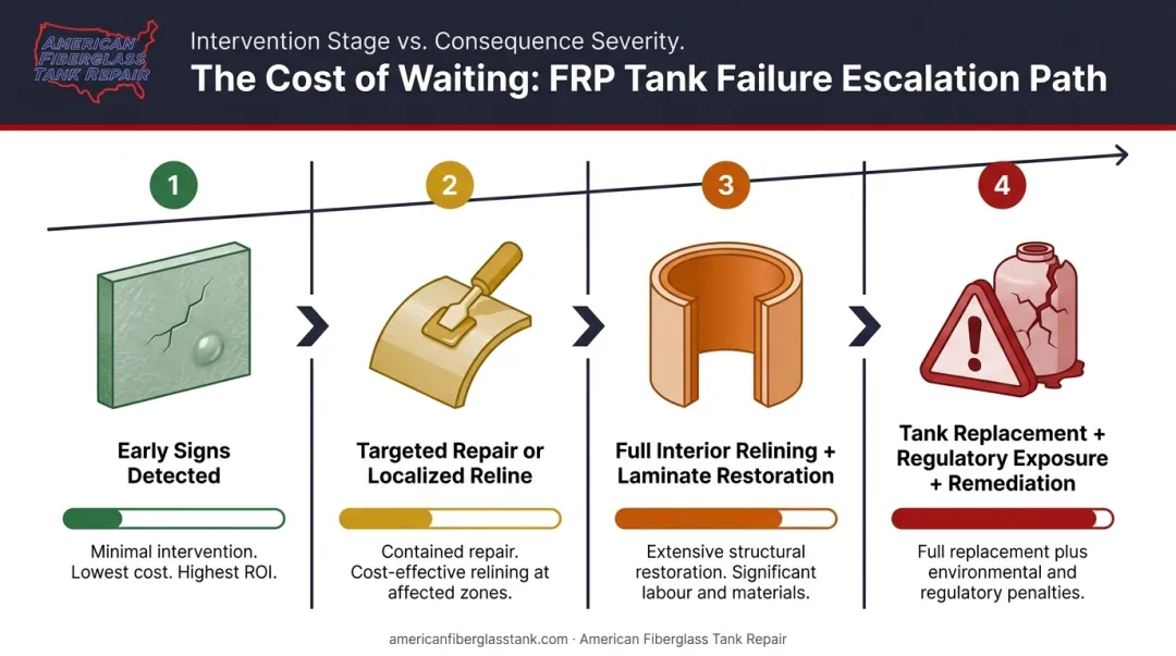 FRP tank repair cost escalation path from early signs to full replacement infographic