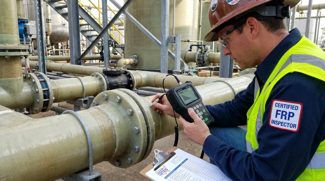 Certified FRP inspector performing ultrasonic thickness testing on industrial flange