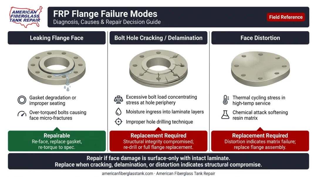 FRP flange failure types causes and recommended repair versus replacement decision chart