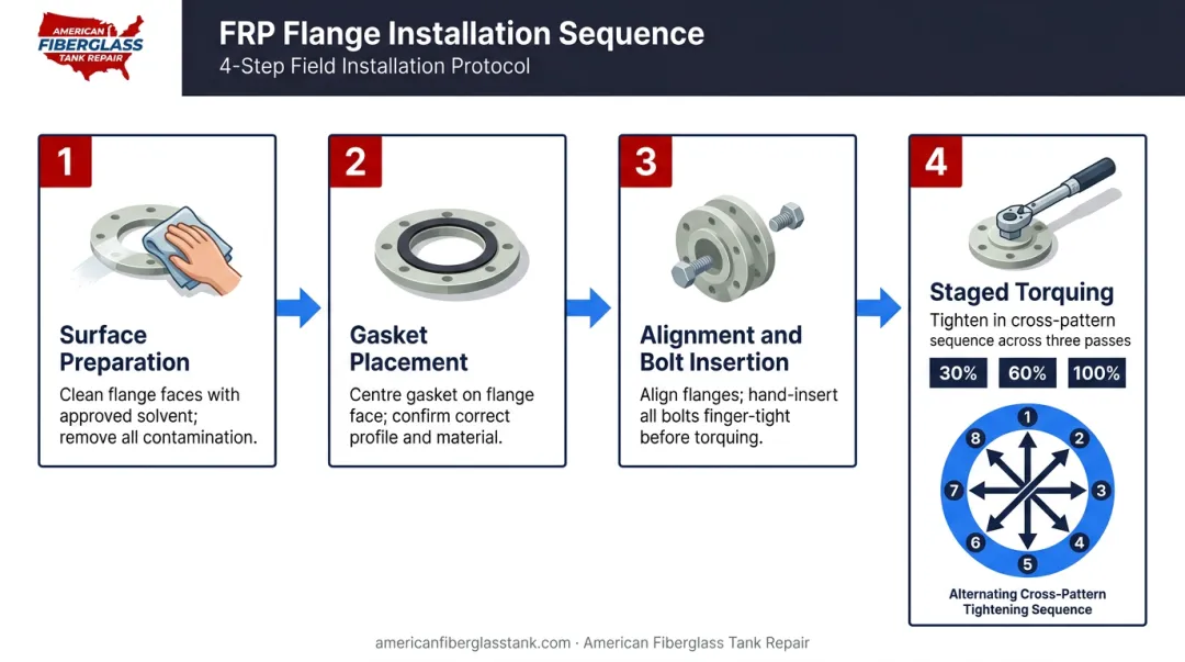 Four-stage FRP flange bolt torquing sequence with cross-pattern diagram